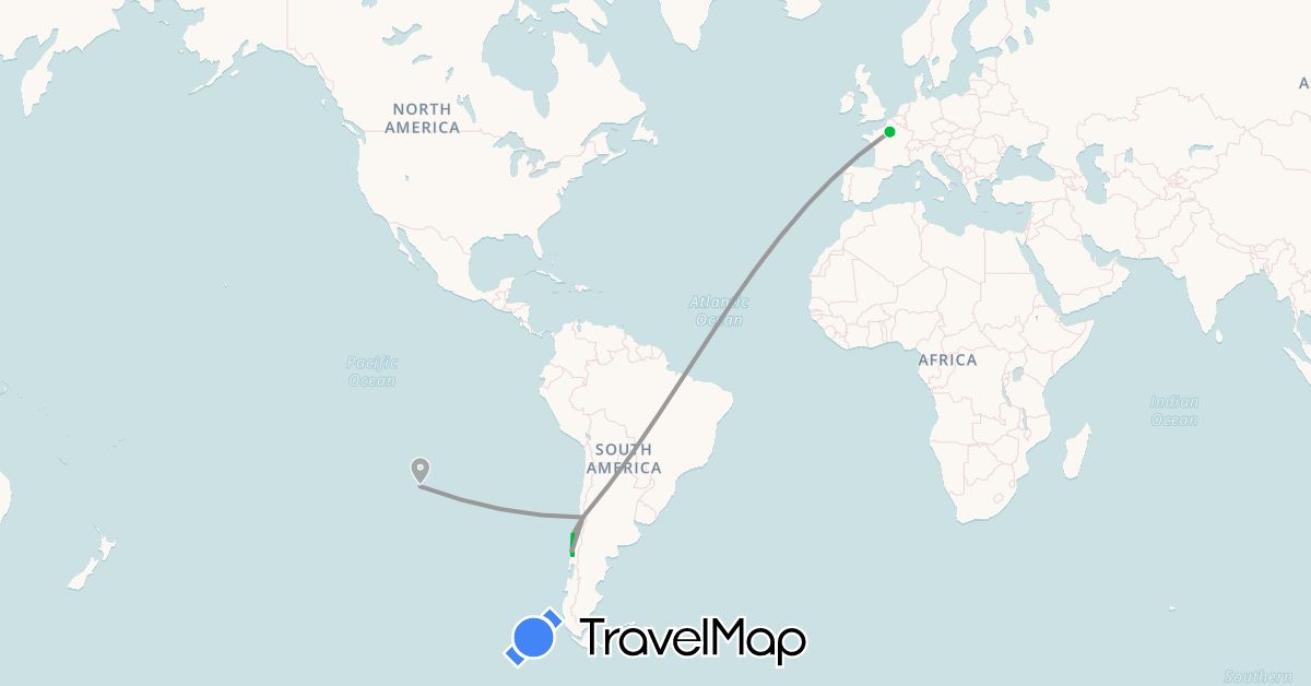 TravelMap itinerary: driving, bus, plane, hiking in Chile, France (Europe, South America)